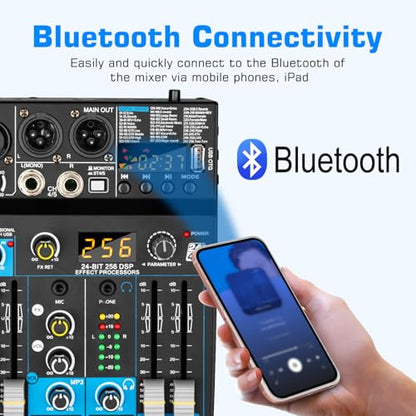 Depusheng Professional Audio Mixer Digital FX 256-Bit DSP USB Bluetooth MP3 Computer DJ Mixer 5 Channel input Interface with 48V Phantom Power for PC recording Live Streaming, Podcasting, Karaok