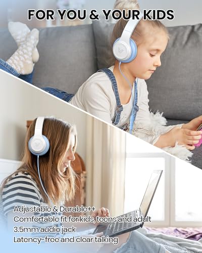 GE01 On-Ear Headphones w/Mic, Portable Lightweight Folding Stereo Bass Headphones for Smartphone, Tablet, Computer - Kids School (Blue)
