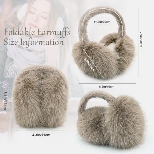 Earmuffs for Women Girls Faux Fur Fuzzy Headband Foldable Ear Covers Cold Weather Accessory - color: Brown