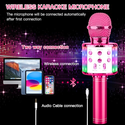 ShinePick Karaoke Microphone, 4 in 1 Wireless Microphone with LED Lights Handheld Portable Karaoke Machine, Home KTV Player, Compatible with Android & iOS Devices(Purple) - color: purple
