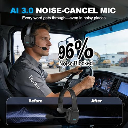 Bluetooth Headset for Truck Drivers, Single Ear Wireless Headset with Mic and USB Dongle, AI Noise Canceling Microphone, Mute Button, 45H Talk Time for Office Calls, Call Center, Phone and PC