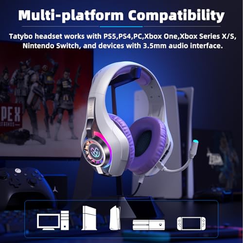 Tatybo Gaming Headset for PS5 PC, Noise Canceling Mic, RGB, Purple | Over Ear, Deep Bass Stereo Sound for FPS, Battle Royale, Lightweight for Xbox, PS4, Mobile, Nintendo, 3.5mm Devices - color: Purple