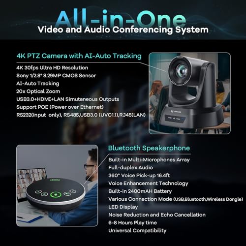TONGVEO 4K AI Auto Tracking PTZ Conference Camera System with Bluetooth Speakerphone & Microphone, 20X Optical Zoom, USB3.0 HDMI LAN PoE Power Camera for Church Worship, Meetings, Streaming - color: Onyx