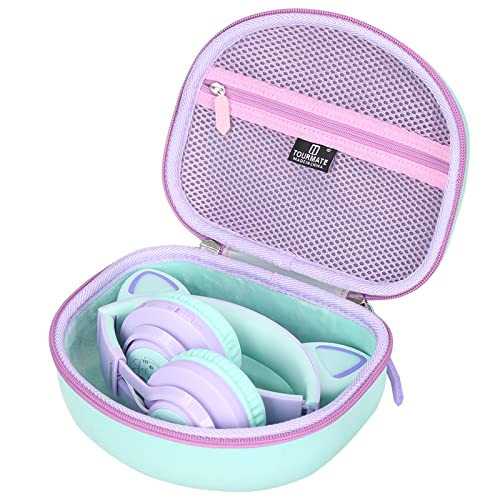 Tourmate Hard Travel Case for Riwbox CT-7 CT-7S / iClever HS01 / FosPower Cat Ear LED Light Kids Wireless Headphones, Protective Carrying Storage Bag (Purple&Green Box for Sale) - color: Purple&Green