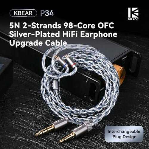 KBEAR P34 5N 2-Strands 98-Core OFC Silver-Plated HiFi Earphone Upgrade In Ear Monitor Cable,Interchangeable 3.5mm/4.4mm Plug Design Replacement IEM Cable for Audiophile Musician (2PIN, Titanium, 1.2m)