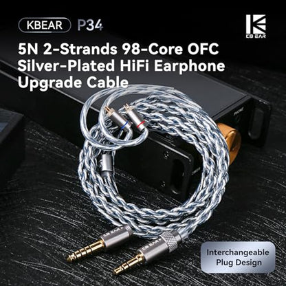 KBEAR P34 5N 2-Strands 98-Core OFC Silver-Plated HiFi Earphone Upgrade In Ear Monitor Cable,Interchangeable 3.5mm/4.4mm Plug Design Replacement IEM Cable for Audiophile Musician (2PIN, Titanium, 1.2m)