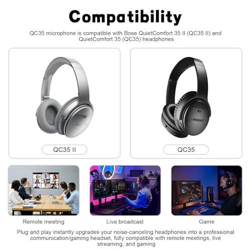 Zosvoses QC35 Boom Microphone Compatible with Bose QC35 & QC35 II Headphones, Boom Gaming Microphone Cable with Mute Switch for Gaming/Zoom/Streaming