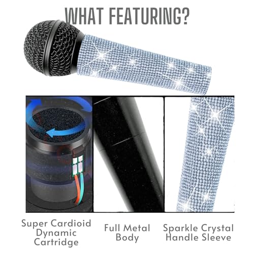 Silver Wired Dynamic Vocal Microphone and Rhinestone Cover | Dynamic Wired Mic With XLR Cable & Built-In Pop Screen, Bedazzled Crystal Cover Support Bright Live Vocals Or Karaoke