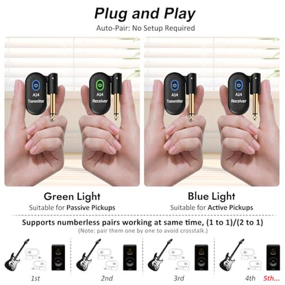 A14 Wireless Guitar System, 2.4GHz Rechargeable Transmitter Receiver, 24-bit 48KHz Audio, 100ft Range, Plug and Play, Compatible with Electric Guitar & Bass Accessories (2TX+1RX) - color: 2TX+1RX