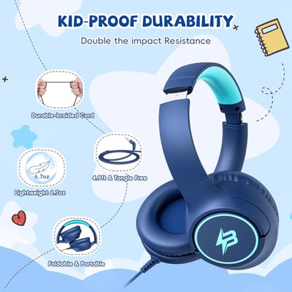 Kids Headphones Wired for School, 3.5mm Safe Volume Limited with Mic, Navy - color: Navy Blue