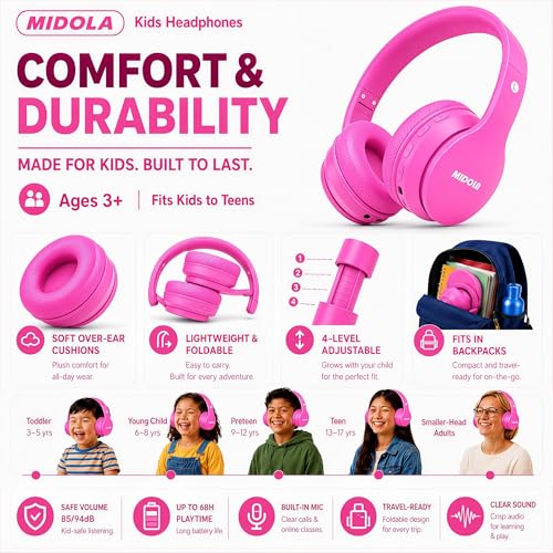 Kids Bluetooth Headphones Wireless 68 Hours,Safe Volume Limit 85/94dB | Adjustable Headband Foldable Over-Ear Lightweight Headsets for Toddler Girls Boys Tablet/iPad,HD Stereo,Built-in Mic,H-Pink - color: Rose Pink