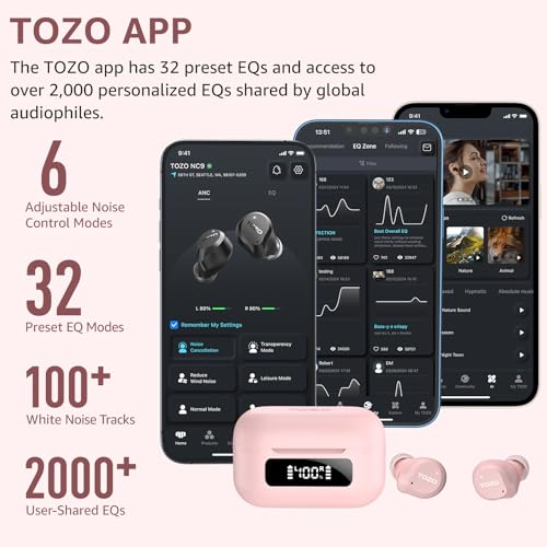 TOZO NC9 Hybrid Active Noise Cancelling Wireless Earbuds, 60H, LED Display | 6 Mic ENC Clear Calls, Deep Bass Sound, IPX8, in Ear Bluetooth 5.3 Headphones,32 EQs via APP, Comfort Fit Ear Buds, Pink - color: Pink