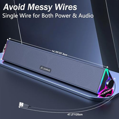 LENRUE Computer Speakers for Desktop,PC Speakers with Single USB for Power and Stereo Sound,Touch Lights Gaming Speakers Sound bar for Desktop PC Laptop(USB-C Adapter Included)