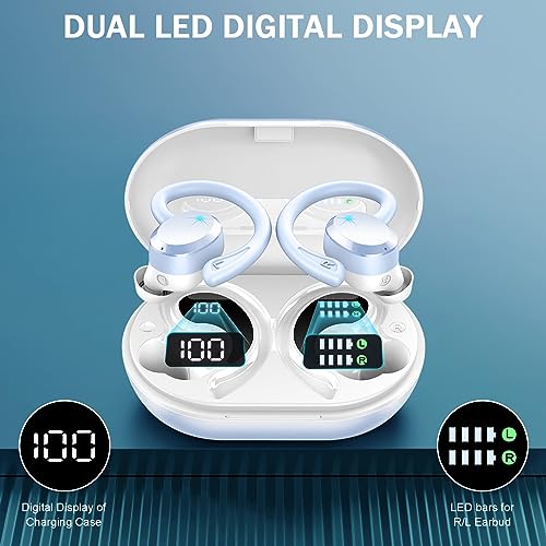 Wireless Earbuds Sport, 2025 Bluetooth 5.3 Headphones Bass Hi-Fi Stereo Over Ear Buds, 48Hrs Noise Cancelling Headset with Earhook, IP7 Waterproof Earphones Workout Running for Laptop Pad Android iOS - color: L-Blue