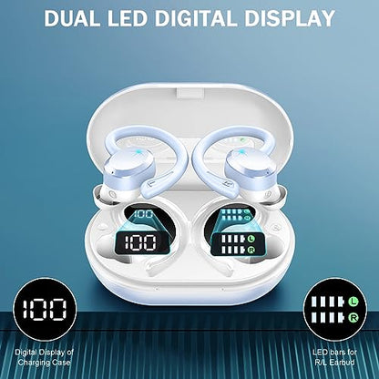 Wireless Earbuds Sport, 2025 Bluetooth 5.3 Headphones Bass Hi-Fi Stereo Over Ear Buds, 48Hrs Noise Cancelling Headset with Earhook, IP7 Waterproof Earphones Workout Running for Laptop Pad Android iOS - color: L-Blue