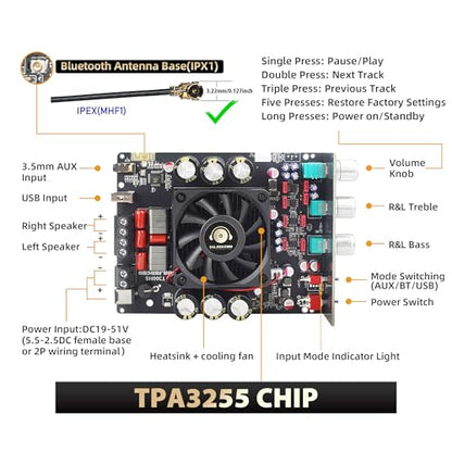 T300HS Amplifier Board with Treble and Bass Control, DC 9-24V, BT and AUX Inputs, 2.0 Channel Stereo AMP Board for DIY Wireless Speakers, Password Free - color: T300HS (Black1)