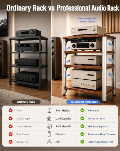3-Tier HiFi Audio Rack, Adjustable AV Stand for Stereo Equipment | 110 lbs Per Shelf Open Cooling Design Metal Support Columns Rubber Feet Fits Amplifier, Receiver, Turntable & CD Player - size: 3-tier