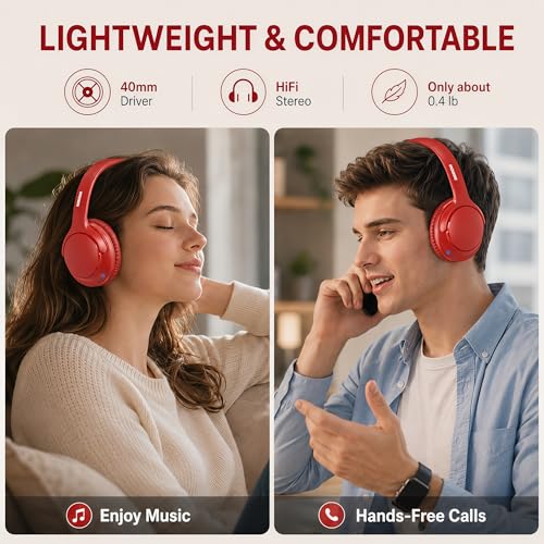 Bluetooth Headphones Wireless 68H with Mic,Decent Sound-Acceptable Red | Adjustable Headband Foldable Over-Ear Lightweight for Office/Travel/Tablet/iPad/Laptop,HD Stereo Sound,Aux 3.5mm - color: Red