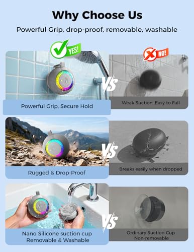 Bluetooth Shower Speaker IPX7 Waterproof: Removable Suction Cup, Grey | 360° Surround Sound, Vacuum-Lock, RGB Light, Portable Wireless Speaker for Beach, Pool, Kayak, Gifts for Adults Teens
