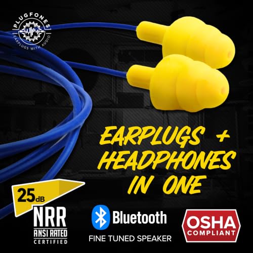 Plugfones Basic Pro Bluetooth Earplug Headphones for Work, OSHA Compliant | 25dB NRR Hearing Protection Earplugs, Wireless Safety Earbuds, Noise Isolating Mic, Construction, Warehouse, Blue & Yellow - color: Blue, Yellow