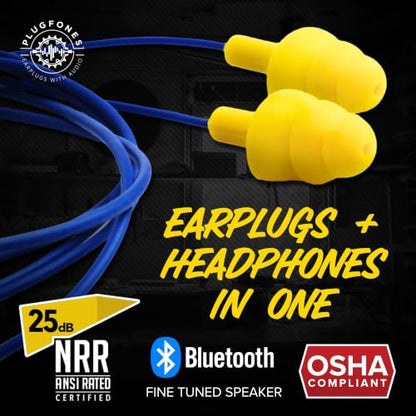 Plugfones Basic Pro Bluetooth Earplug Headphones for Work, OSHA Compliant | 25dB NRR Hearing Protection Earplugs, Wireless Safety Earbuds, Noise Isolating Mic, Construction, Warehouse, Blue & Yellow - color: Blue, Yellow
