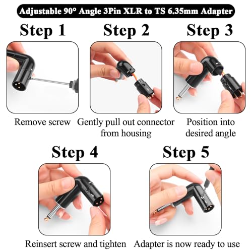 QIANRENON Adjustable 90° Angle XLR to TS 6.35mm Microphone Unbalanced Adapter 3Pin XL-R Male to 1/4" TS Male Mono Right Angle Audio Connector XLR Direction 360° Change, for Guitar Mixer Amplifier