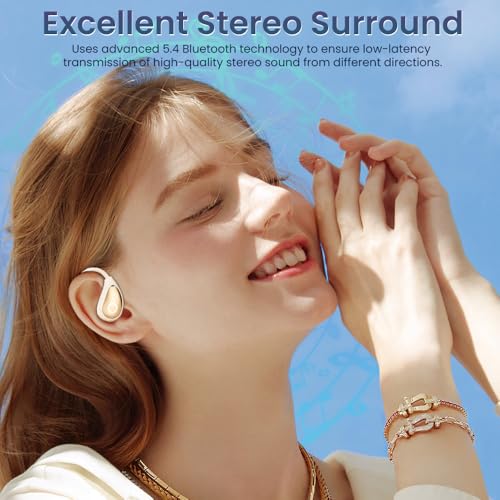 Open Ear Earbuds Wireless Bluetooth Headphones, 60Hrs Playtime, Stereo Sound Over Ear Buds with IPX7 Waterproof Noise Canceling Earphones, Ideal for Fitness, Travel - Off White - color: Off White