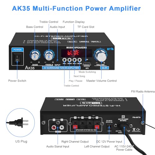 Home Audio Amplifier AK-35 HiFi Bluetooth 5.0 Mini Stereo Amp Receivers | 2.0 Channel RMS 30W x 2 Max. 200W Output with USB,AUX,FM Radio for Home Theater Speakers System - color: AK-35(2.0CH 30W+30W RMS)