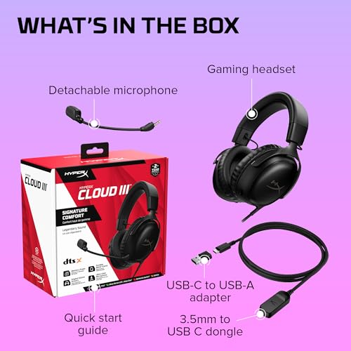 HyperX Cloud III – Wired Gaming Headset,PC,PS5,Xbox Series X|S,Angled 53mm Drivers,DTS Spatial Audio,Memory Foam,Durable Frame,Ultra-Clear 10mm Mic,USB-C,USB-A,3.5mm – Black,(Pack of 10) - color: Black, size: Regular (Pack of 10), style: Wired