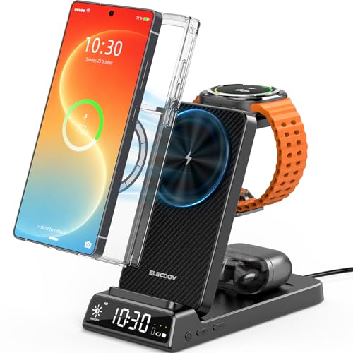 Magnetic Wireless Charger for Samsung, Charging Station for Galaxy S26 | 3-in-1 Foldable Travel Charger for Samsung Phones & Watches, Ideal Nightstand & Desk Overnight Charger (Not For Apple Watch) - color: Carbon Fiber Black