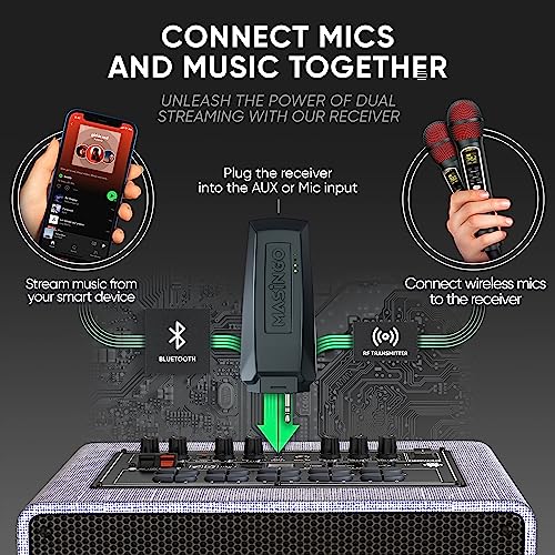 MASINGO 2 Wireless Karaoke Microphones, Integrated Bluetooth Receiver - Connects Mics and Smartphone to Any Speaker with AUX/Mic Input - Includes Singer Vocal Removal Mode + Charging Base - A12