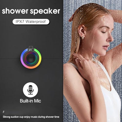 Bluetooth Shower Speaker Stereo Sound with Suction Cup, Built-in Mic | Portable Bluetooth Speaker with Lanyard, IPX7 Waterproof Wireless Speakers Bluetooth 5.4 for Bathroom/Party/Beach/Gift, Black