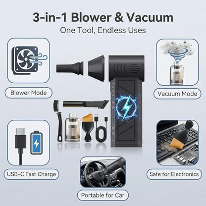 Electric Air Duster Vacuum 2-in-1, Canned Air Alternative Rechargeable Blower with 100,000 RPM, Mini Vacuum for Keyboard, PC, Car Interior, Home Cleaning(Black)