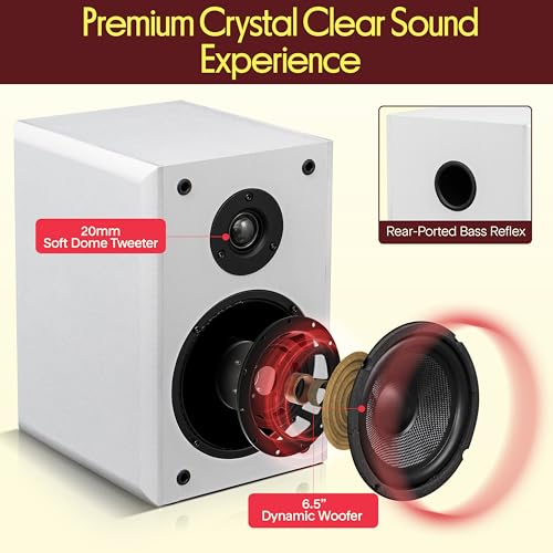 Pyle 6.5” Bookshelf Speakers, Pair of Wired Bookshelf Speakers with Wall Mount Brackets, 2-Way HiFi Home Theater with Paper Cone, Soft Dome Tweeter, Compact Design, 11.5” x 7.5” x 9.5”, White - color: White, size: 6 inch
