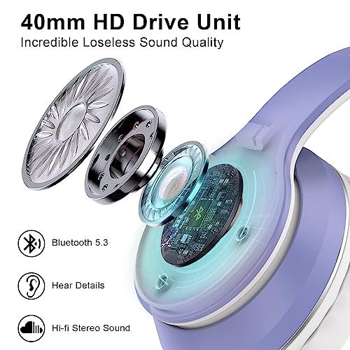 JOMILIN B9 Wireless Headphones Over-Ear, 60 Hours Playtime Lightweight Folding Hi-fi Stereo Bass Bluetooth Headset with Mic, Volume Control Headphones for iPad/Travel/Tablet/PC (Purple) - color: Purple