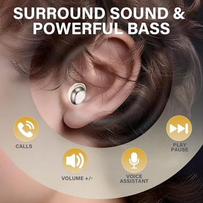 Sleep Ear Buds, 2025 True Wireless Earbuds, Ultra-Mini Bluetooth 5.4 Earbuds for Side Sleepers, 53H Play Hi-Fi Stereo 3D Bass Noise Cancelling Bluetooth headphones, USB C, IP7 Waterproof LED Earphones - color: Off white