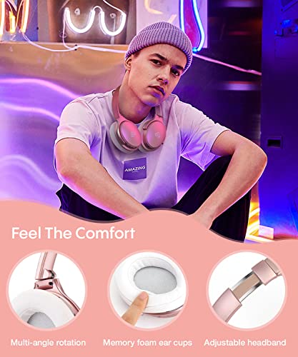 INFURTURE H1 Active Noise Cancelling Bluetooth Headphone Over Ear Deep Bass | Comfortable, Hi-Fi Stereo, 90H Playtime, Low Latency, Foldable Lightweight for Travel, Office, Sport Running - Pink - color: Rose gold