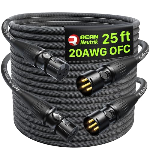 XLR Cables 25ft 2 Pack, 20 AWG, Kevlar-Reinforced Nylon Braided Microphone Cable, Professional Gold-Plated Rean Connectors from Neutrik, Mic Cable, Shielded and Balanced XLR Male to Female Cord | Neutrik REAN Gold-Pin Connector, Kevlar-Reinforced Heavy Du