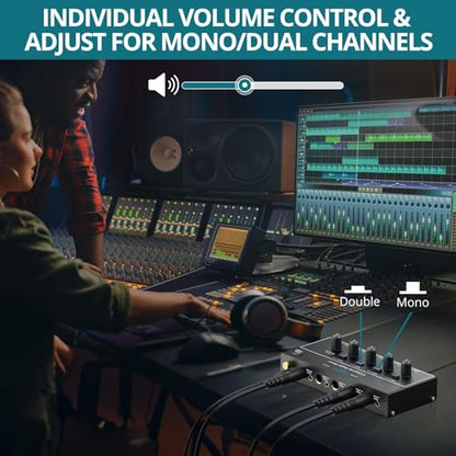 Mini Audio Mixer, 4 Channel Stereo Line Mixer 1/4" & 1/8" TSR Audio Output Input Jack, Line Mixer Stereo/Mono Independent Control and Switch for Guitars,Bass,Keyboards, Dynamic Microphone - size: Medium(4-channel)