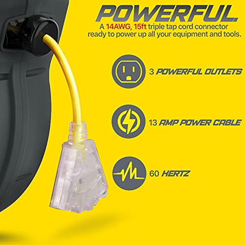 ReelWorks Extension Cord Reel Retractable 14AWG x 50' Foot 3C/SJTOW Glow Strip Cable Triple Tap Connector Advanced Slow Retraction Technology (SRT)