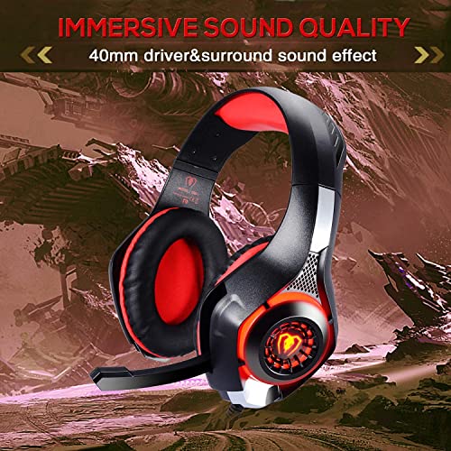 BlueFire Wired Gaming Headset for PS4 PS5 Xbox One PC – Over-Ear Headphones with Surround Sound, Noise Canceling Mic, Soft Memory Foam, LED Light, 3.5mm Jack for Console & Laptop (Red) - color: Red