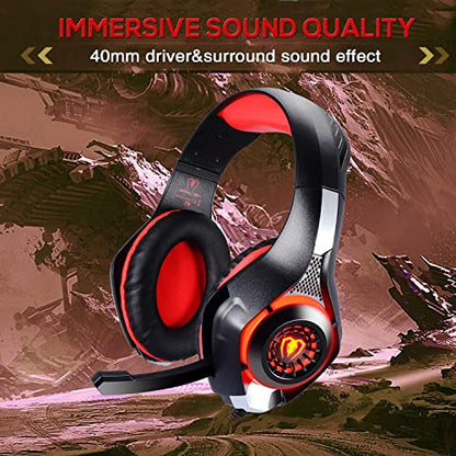 BlueFire Wired Gaming Headset for PS4 PS5 Xbox One PC – Over-Ear Headphones with Surround Sound, Noise Canceling Mic, Soft Memory Foam, LED Light, 3.5mm Jack for Console & Laptop (Red) - color: Red