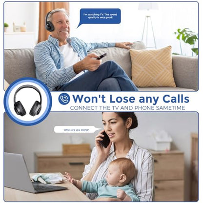 Wireless TV Headphones with Transmitterfor Seniors,Optical,RCA,AUX,USB,BK | 2.4GHz wireless TV headphones with 22ms low delay,dual-link phone sync,individual volume control,and universal compatibility.
