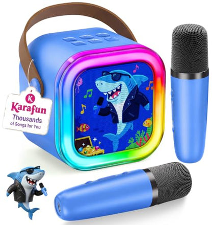 IROO Karaoke Machine for Kids Birthday Gifts for Girls Ages 4-12+ Years Old | 2026 Toys Ideas with 1-Month Karafun Premium, Mini Bluetooth Speaker With 2 Wireless Mics, MP3 Player for Family Home Party - color: Limited Edition Shark