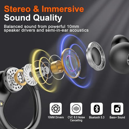 Ltinist Wireless Earbud, Bluetooth 5.3 Headphones Pure Bass Sound with Earhooks, 75H Battery Over Ear Headphones with Dual-LED Display, IP7 Waterproof Earphones Built-in Microphone for Running Sports - color: carbon black