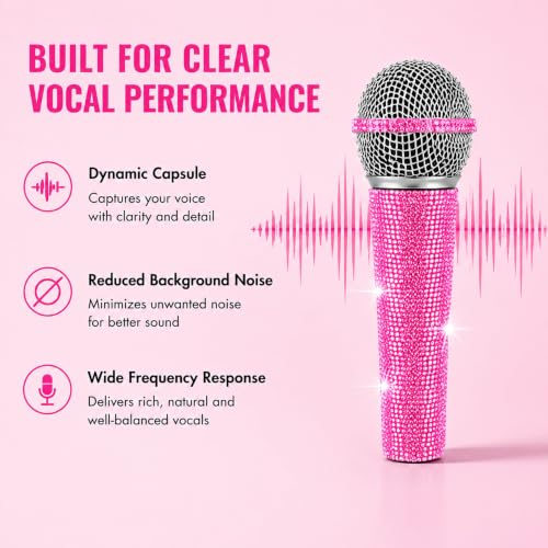 Pink Wired Karaoke Microphone with Rhinestones Sleeve Decoractive | Sparkly dynamic mic for karaoke, singing, parties and speeches with 11.5 ft XLR cable, 6.35mm plug and 3.5mm adapter