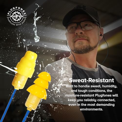 Plugfones Guardian Plus Wired Earplug Headphones for Work, Mic & Controls - color: Blue/Yellow