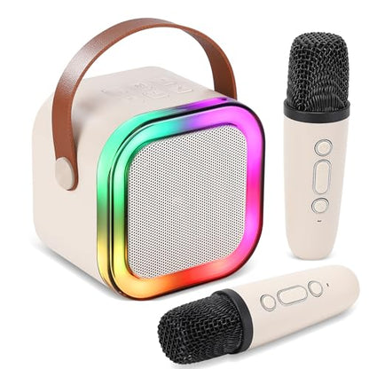 Mini Karaoke Machine, Portable Bluetooth Karaoke Speaker with 2 Wireless Microphones and Light for Family Home Party,Toys for Girls Boys Friends Age 3-12+ Kids and Adults Birthday Gifts. (Beige) - color: white