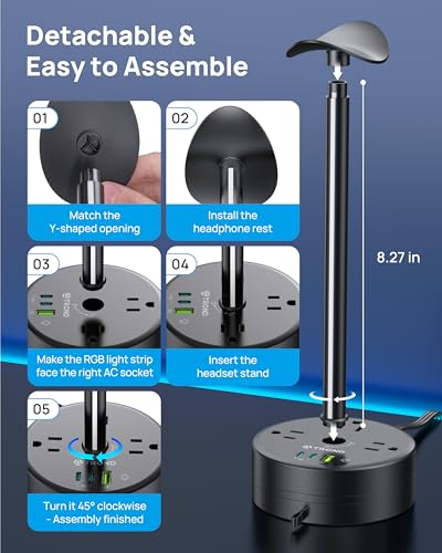 TROND Headphone Stand with PD 20W USB C Charger, RGB Gaming Headset Holder | 3 AC Outlets Extension, 5ft Retractable Power Strip Suitable for Gamer Desktop Table Game Earphone Accessories Gift