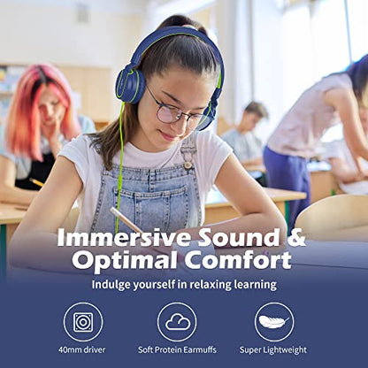 AILIHEN I35 Kids Headphones for School with Mic, 93dB Safe Volume, Green | Wired On Ear Headphones for Girls Boys, 3.5mm Foldable Lightweight for Classroom Chromebook, Laptop, Computer, Tablet - color: Blue Green